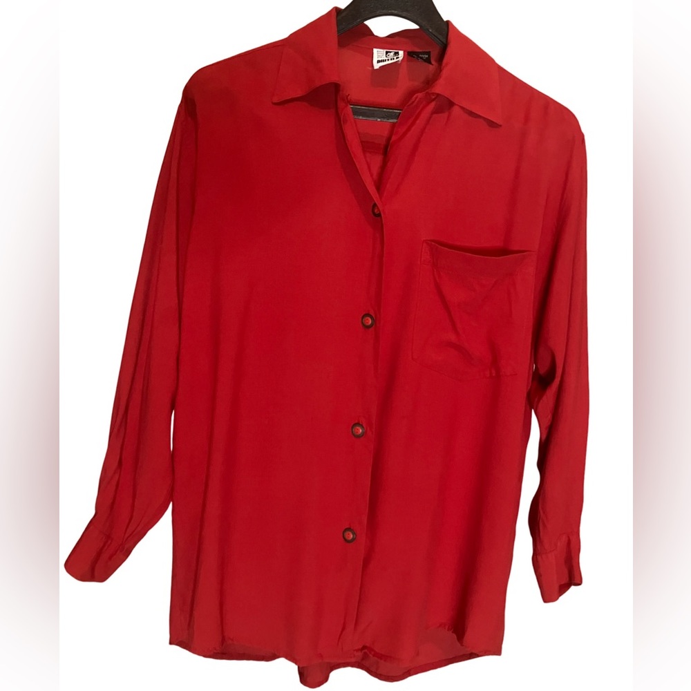 Paul Et Duffier Vintage Rayon Button Down Blouse in Red Oversized XS